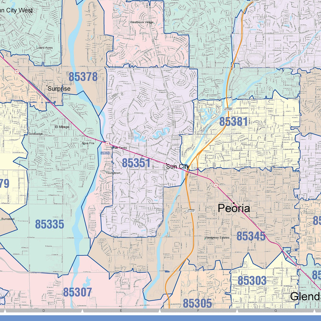 Color Cast Zip Code Style Wall Map of Peoria, AZ