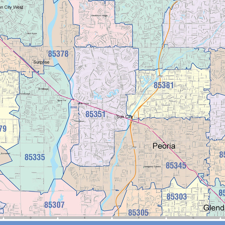 Color Cast Zip Code Style Wall Map of Peoria, AZ