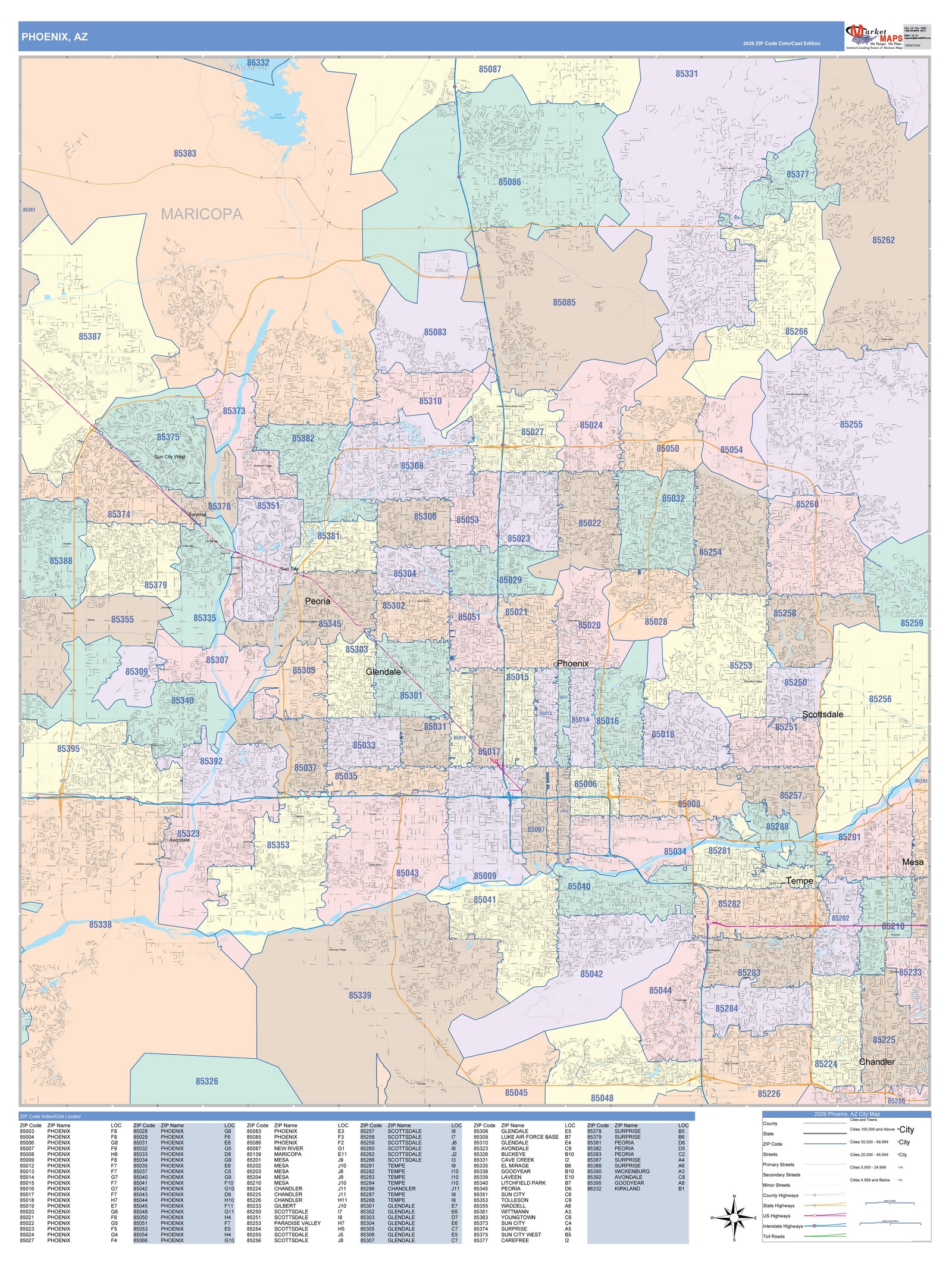 Color Cast Zip Code Style Wall Map of Phoenix AZ