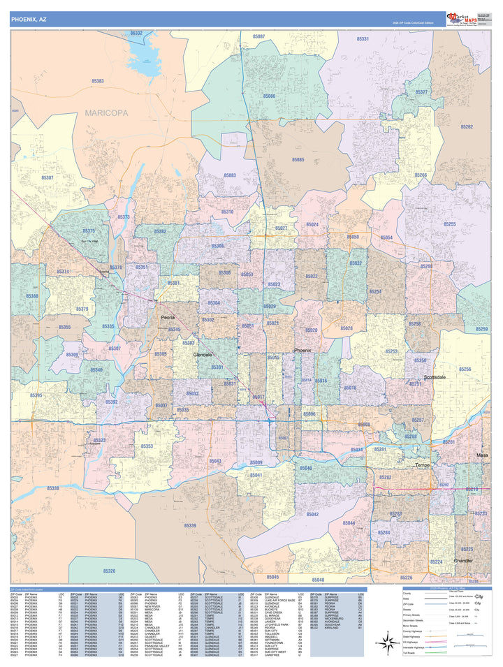 Color Cast Zip Code Style Wall Map of Phoenix AZ