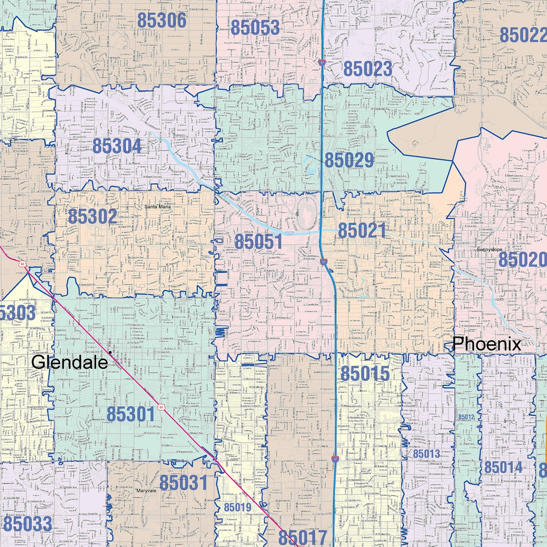 Color Cast Zip Code Style Wall Map of Phoenix AZ