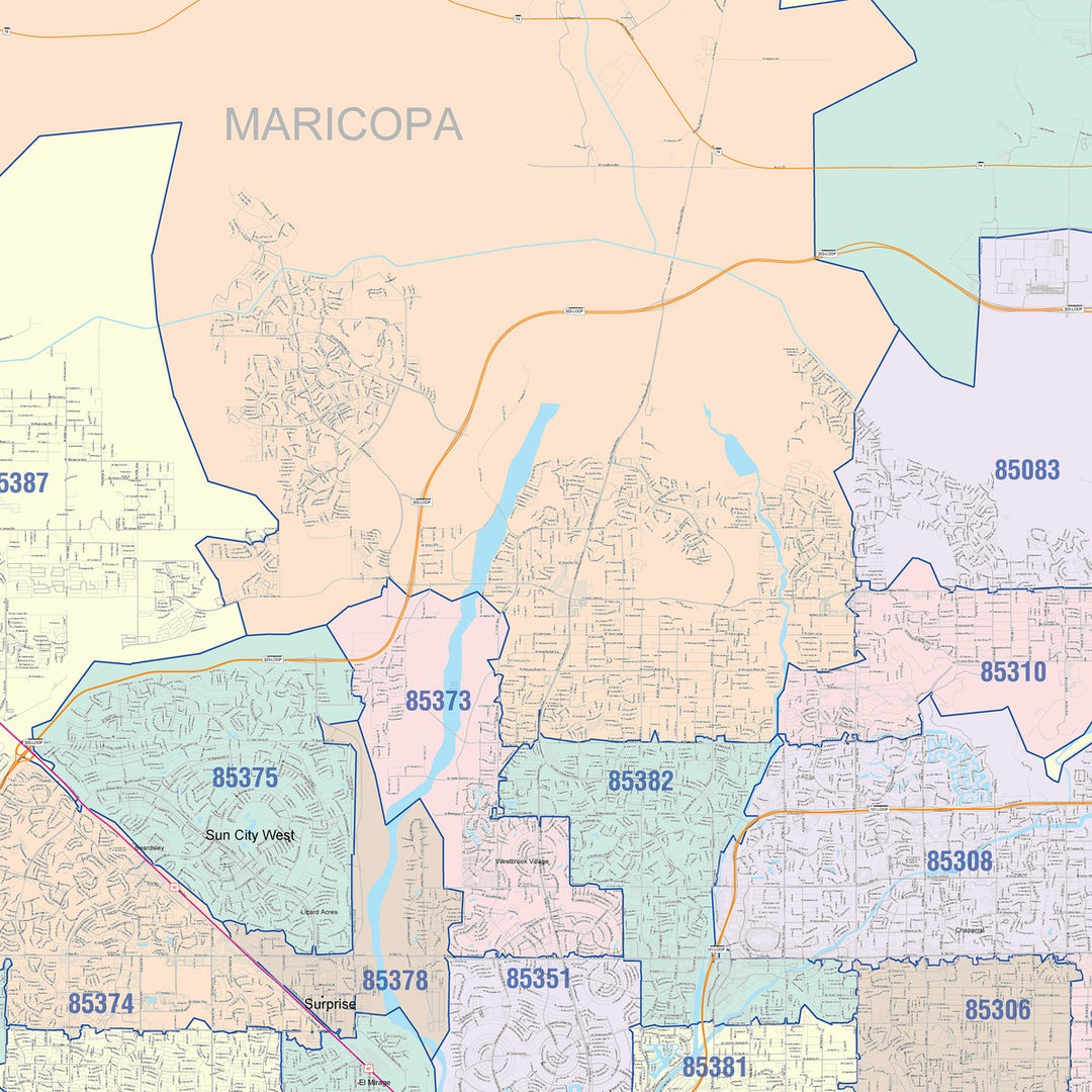 Color Cast Zip Code Style Wall Map of Phoenix AZ