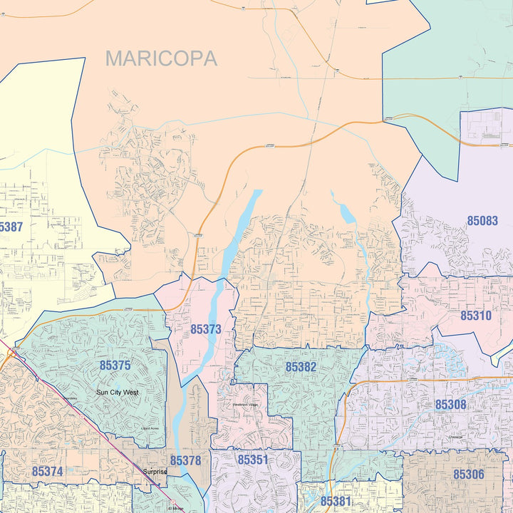 Color Cast Zip Code Style Wall Map of Phoenix AZ
