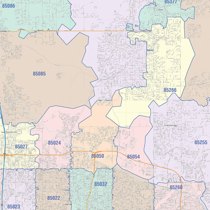 Color Cast Zip Code Style Wall Map of Phoenix AZ