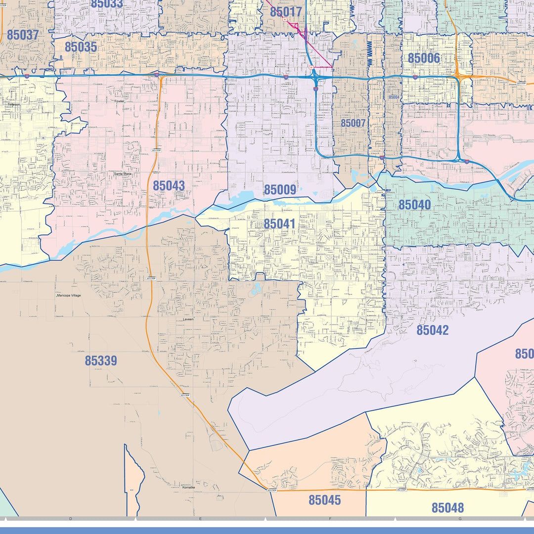 Color Cast Zip Code Style Wall Map of Phoenix AZ