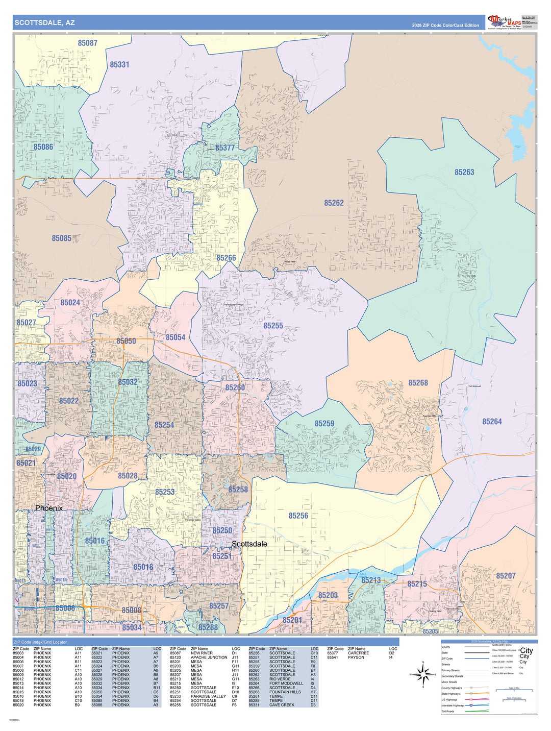 Color Cast Zip Code Style Wall Map of Scottsdale, AZ