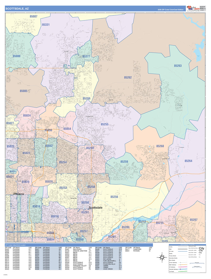 Color Cast Zip Code Style Wall Map of Scottsdale, AZ
