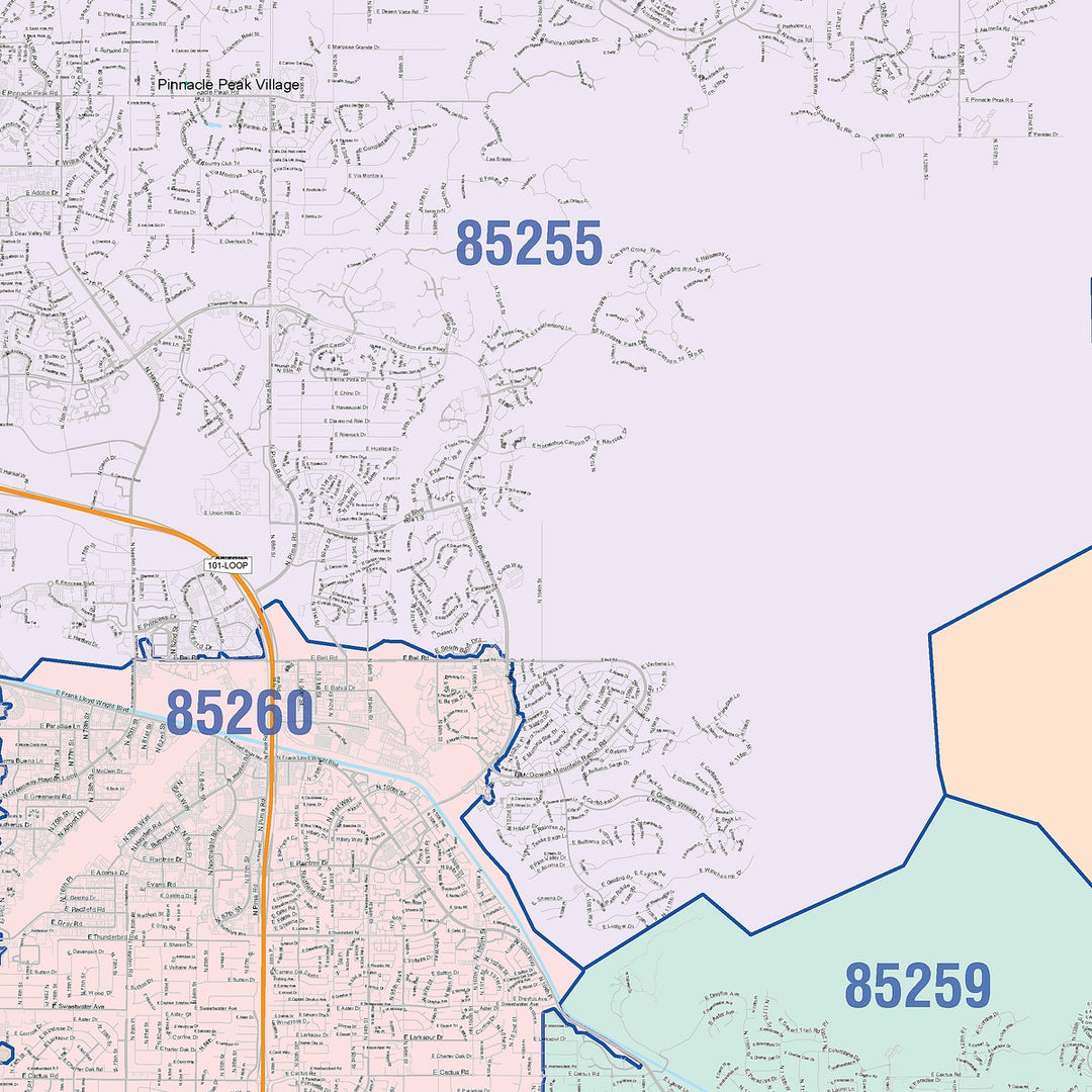 Color Cast Zip Code Style Wall Map of Scottsdale, AZ