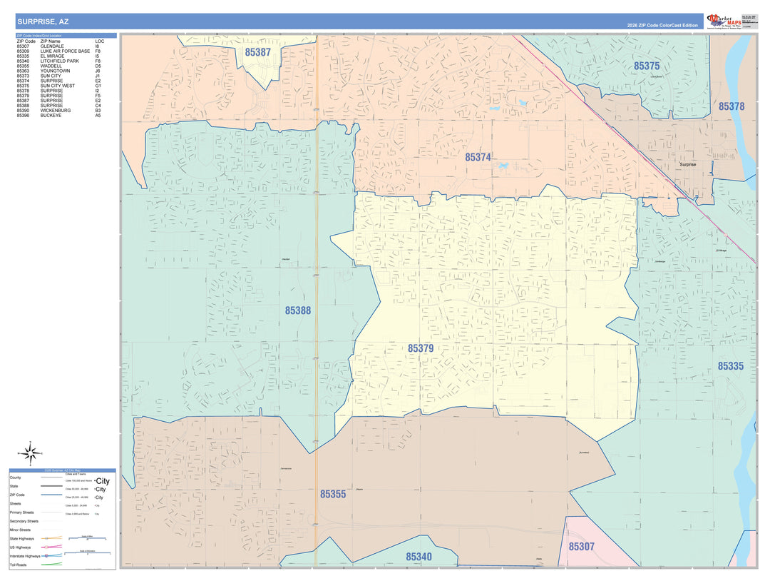 Color Cast Zip Code Style Wall Map of Surprise, AZ