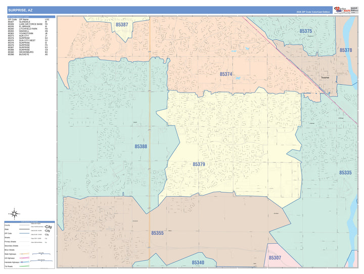 Color Cast Zip Code Style Wall Map of Surprise, AZ