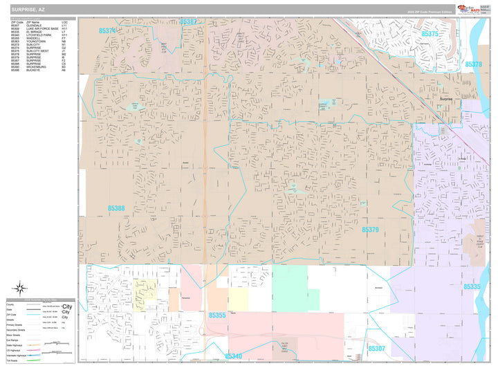 Premium Style Wall Map of Surprise, AZ