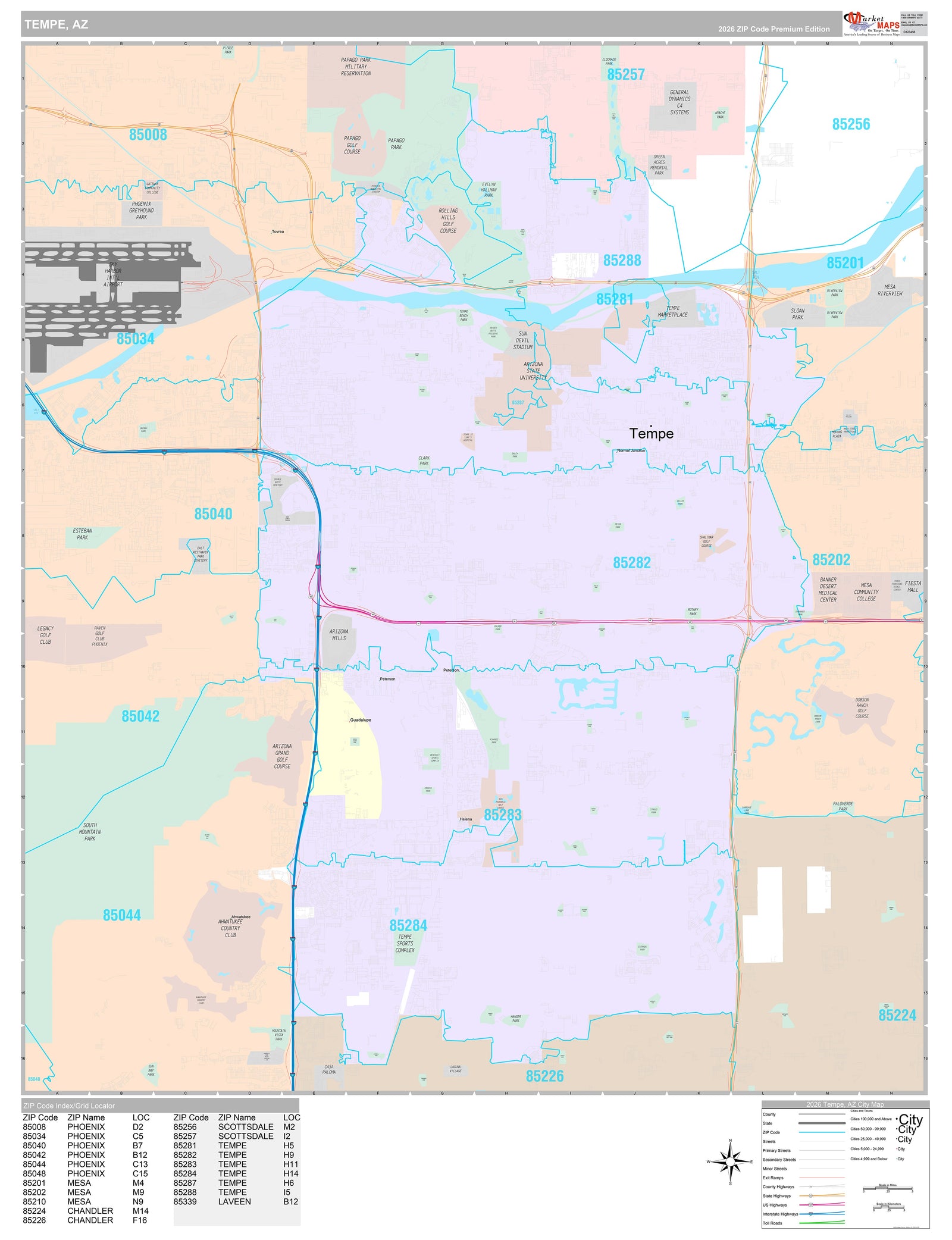 Premium Style Wall Map of Tempe AZ