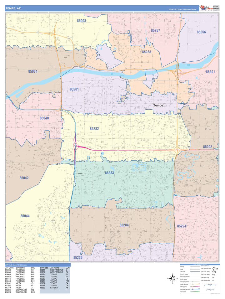 Color Cast Zip Code Style Wall Map of Tempe, AZ