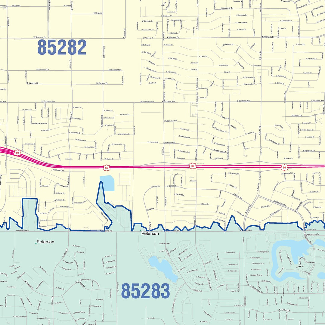 Color Cast Zip Code Style Wall Map of Tempe, AZ
