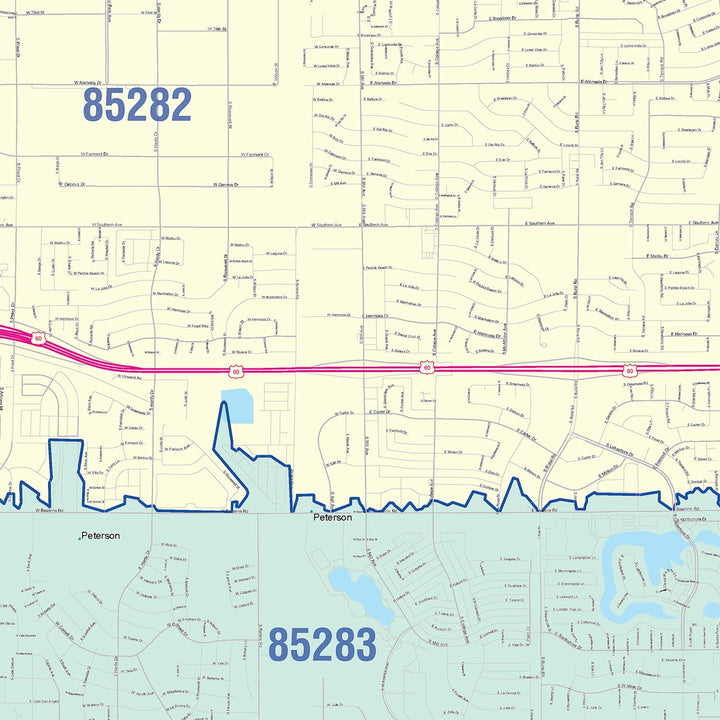 Color Cast Zip Code Style Wall Map of Tempe, AZ