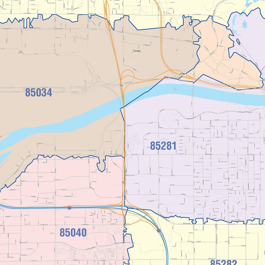 Color Cast Zip Code Style Wall Map of Tempe, AZ