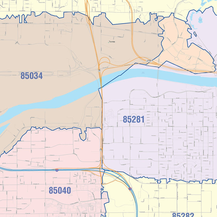 Color Cast Zip Code Style Wall Map of Tempe, AZ