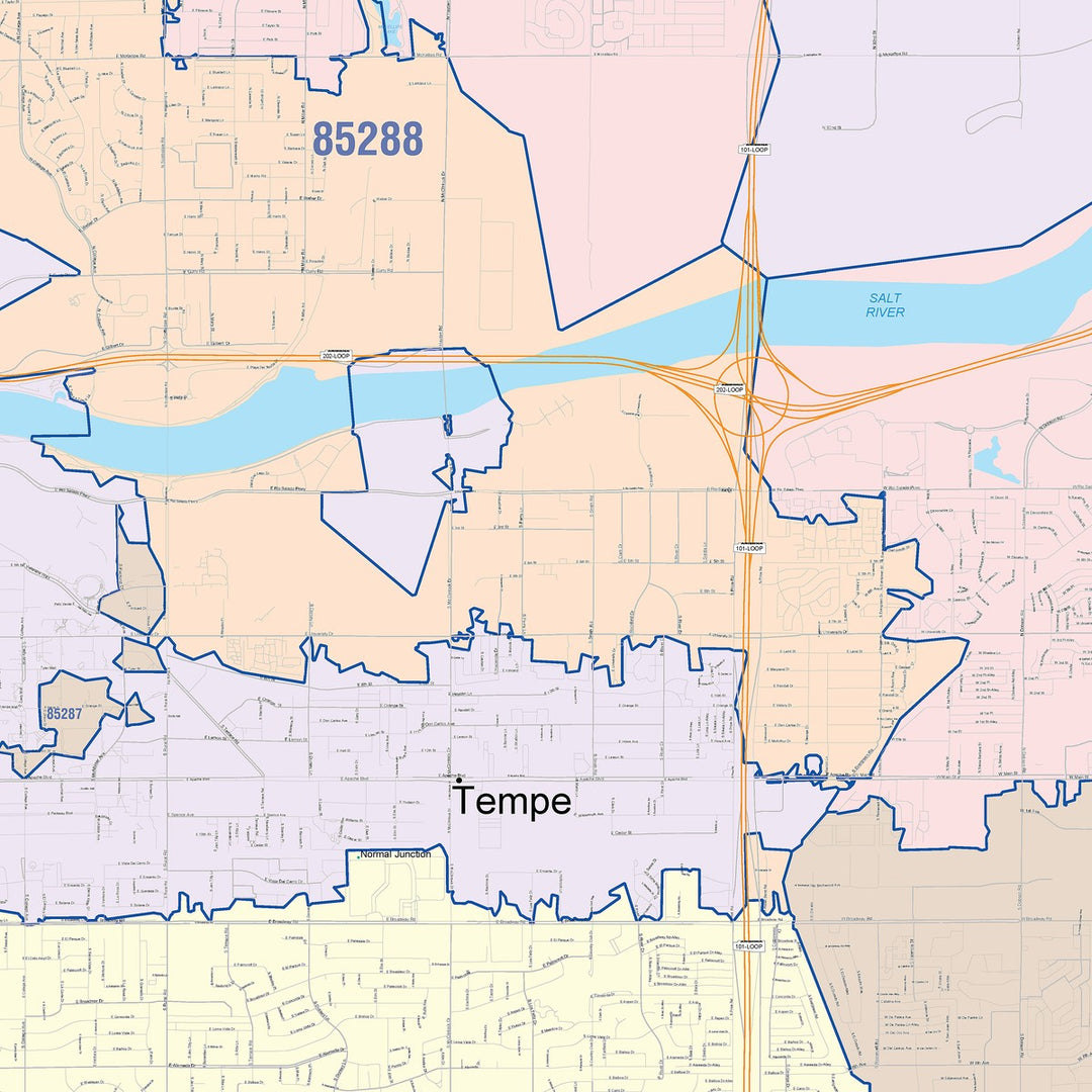 Color Cast Zip Code Style Wall Map of Tempe, AZ