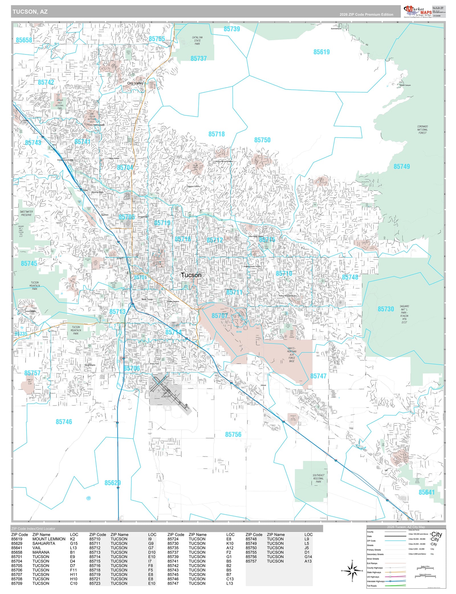 Premium Style Wall Map of Tucson AZ
