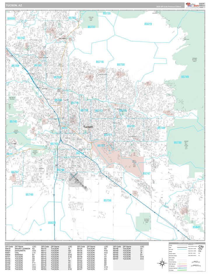 Premium Style Wall Map of Tucson AZ