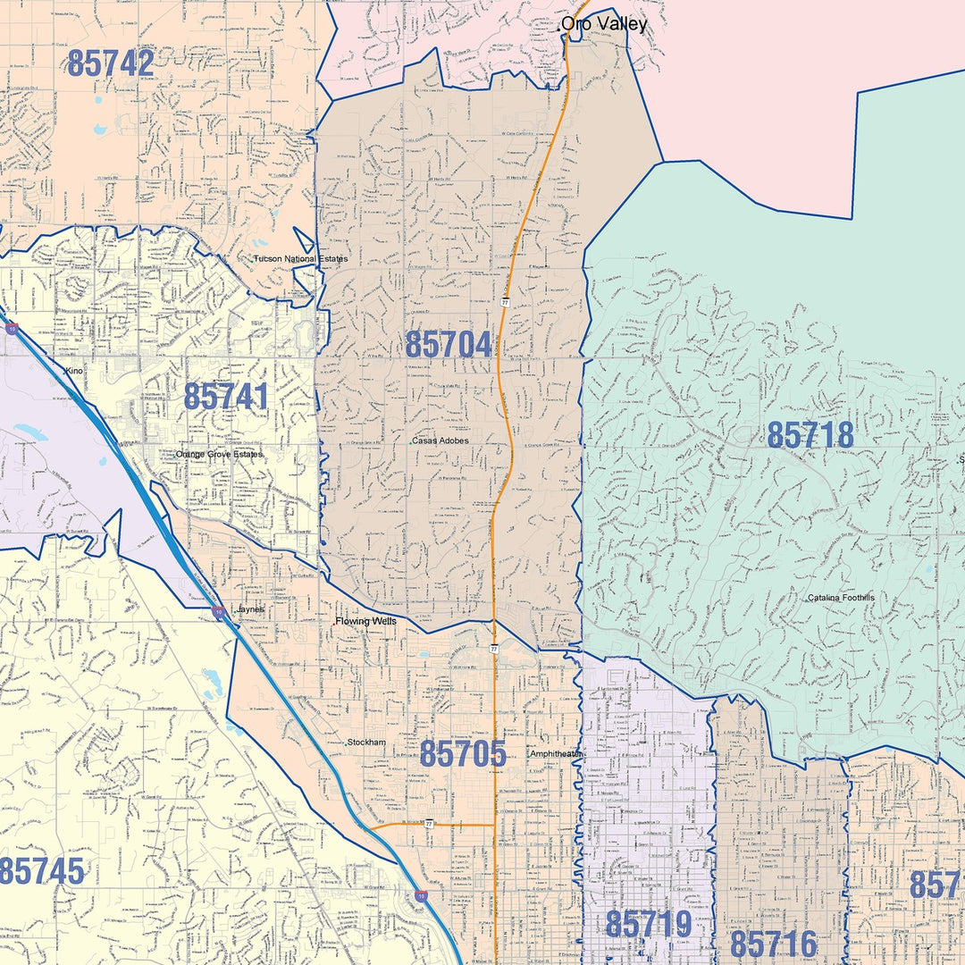 Color Cast Zip Code Style Wall Map of Tucson AZ