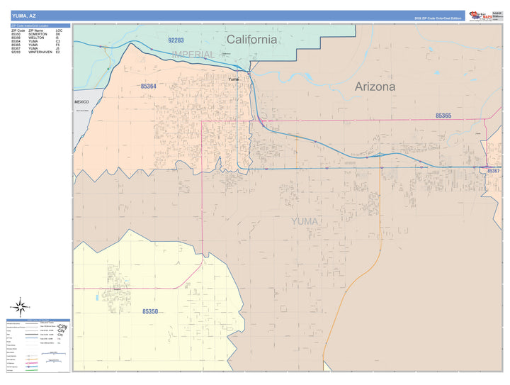 Color Cast Zip Code Style Wall Map of Yuma, AZ