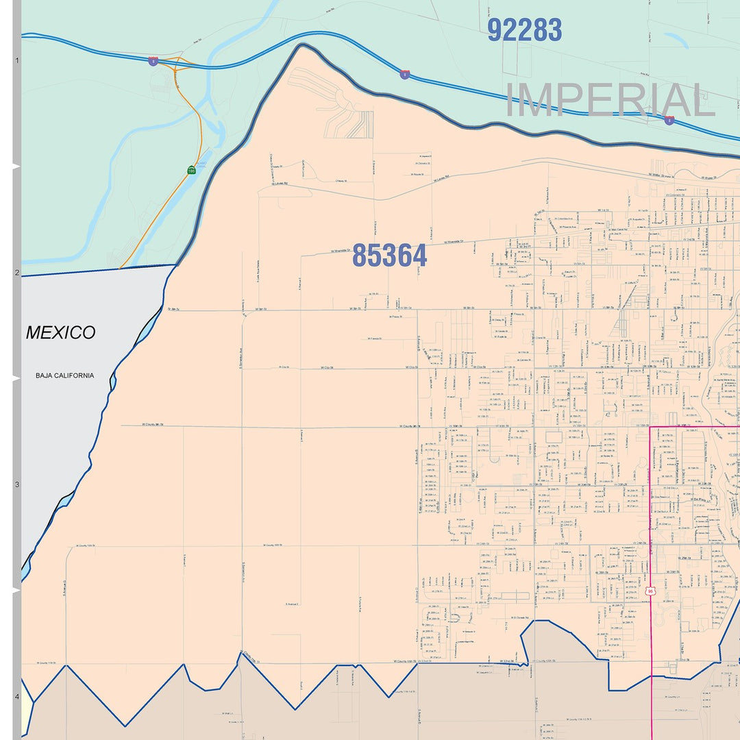 Color Cast Zip Code Style Wall Map of Yuma, AZ