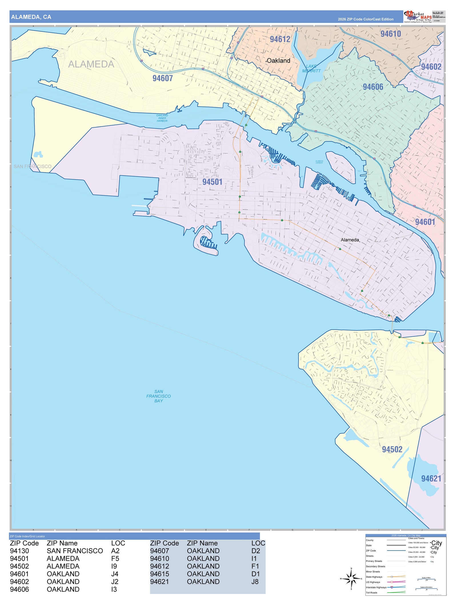 Color Cast Zip Code Style Wall Map of Alameda, CA