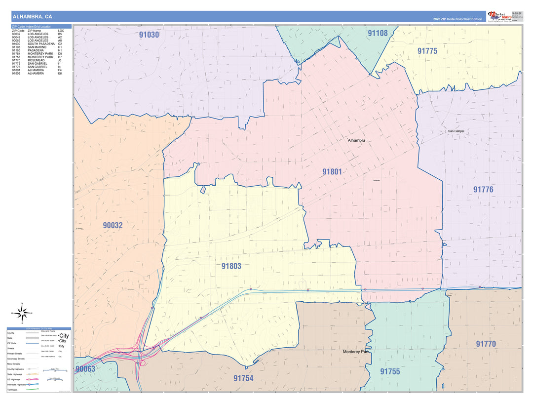 Color Cast Zip Code Style Wall Map of Alhambra, CA