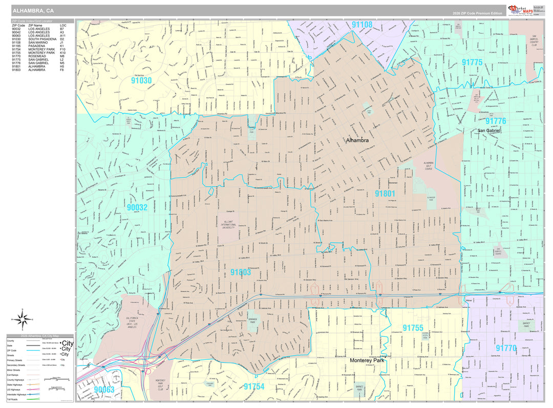 Premium Style Wall Map of Alhambra, CA