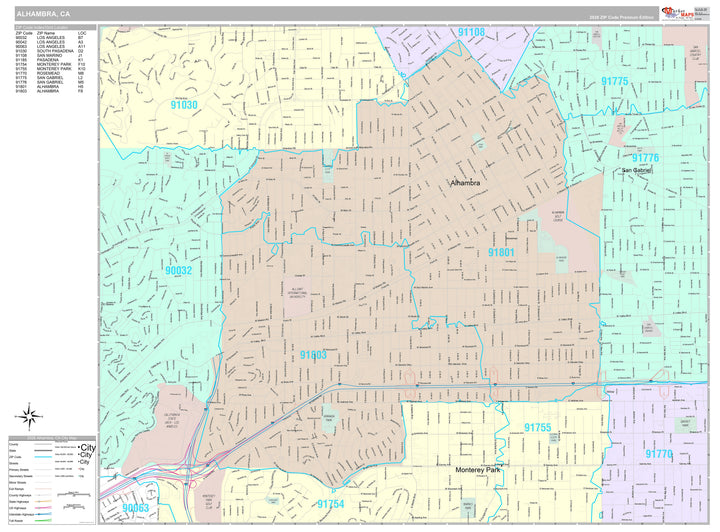 Premium Style Wall Map of Alhambra, CA