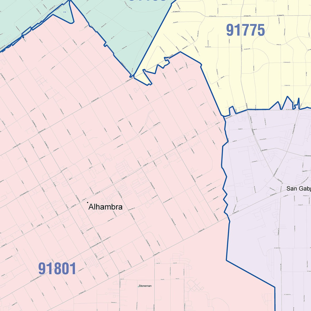 Color Cast Zip Code Style Wall Map of Alhambra, CA