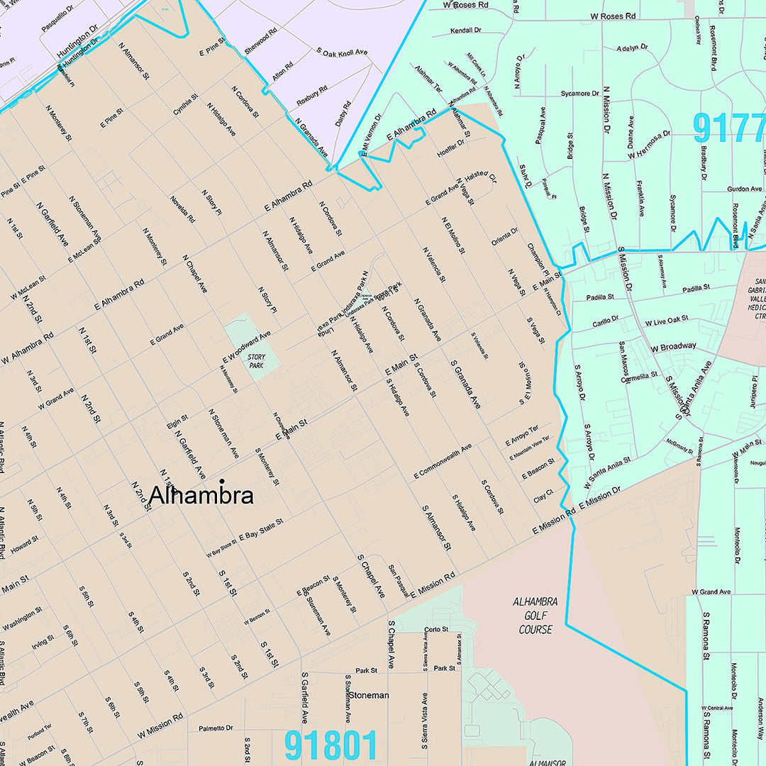 Premium Style Wall Map of Alhambra, CA