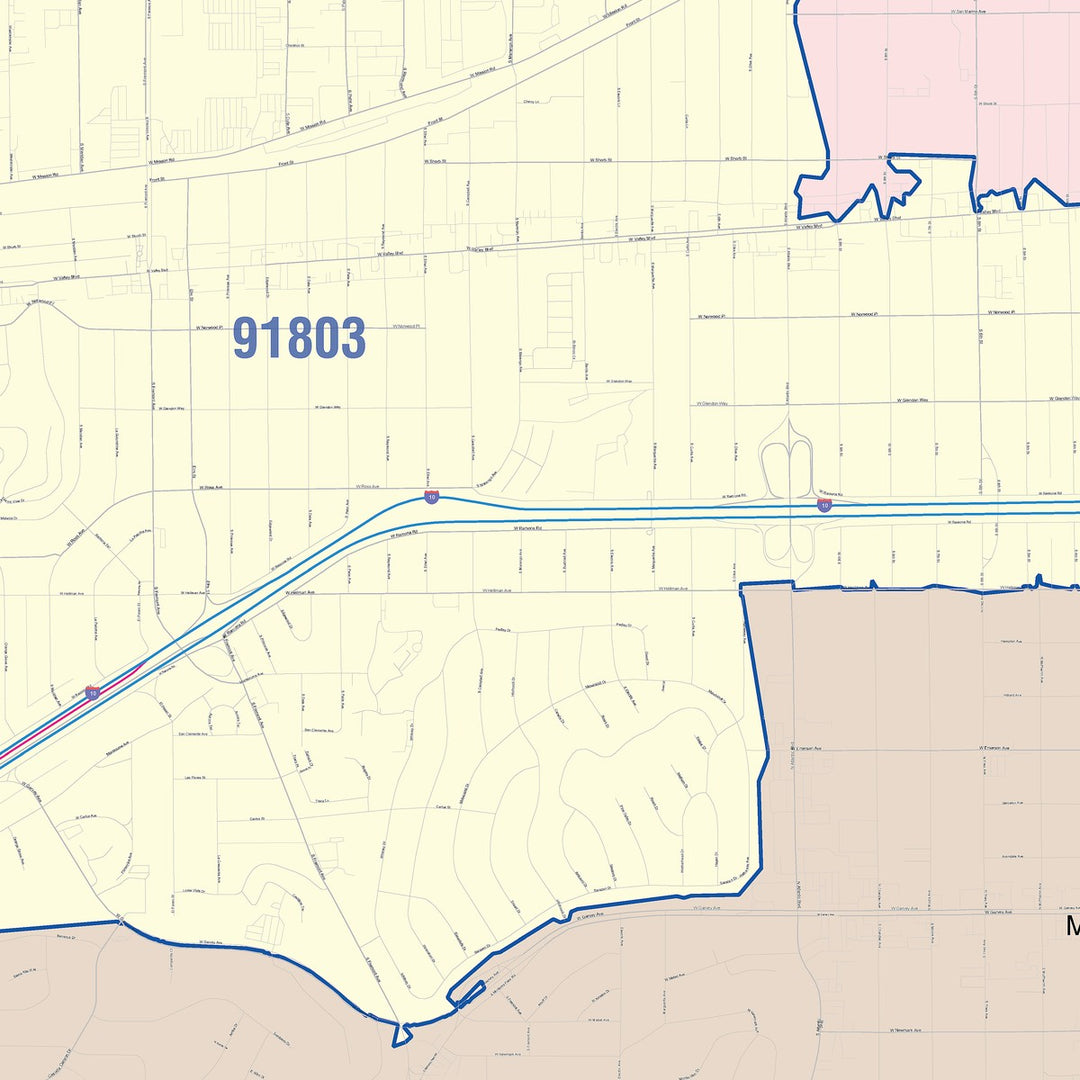 Color Cast Zip Code Style Wall Map of Alhambra, CA