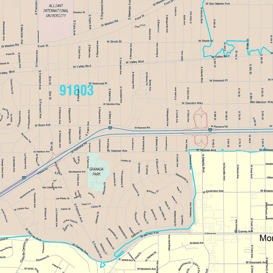 Premium Style Wall Map of Alhambra, CA
