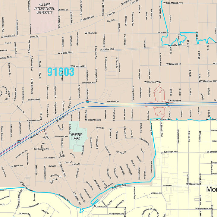 Premium Style Wall Map of Alhambra, CA