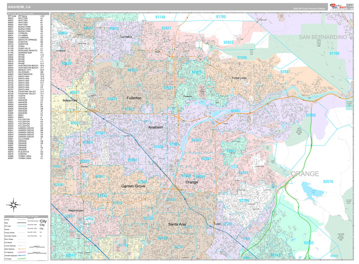 Premium Style Wall Map of Anaheim CA