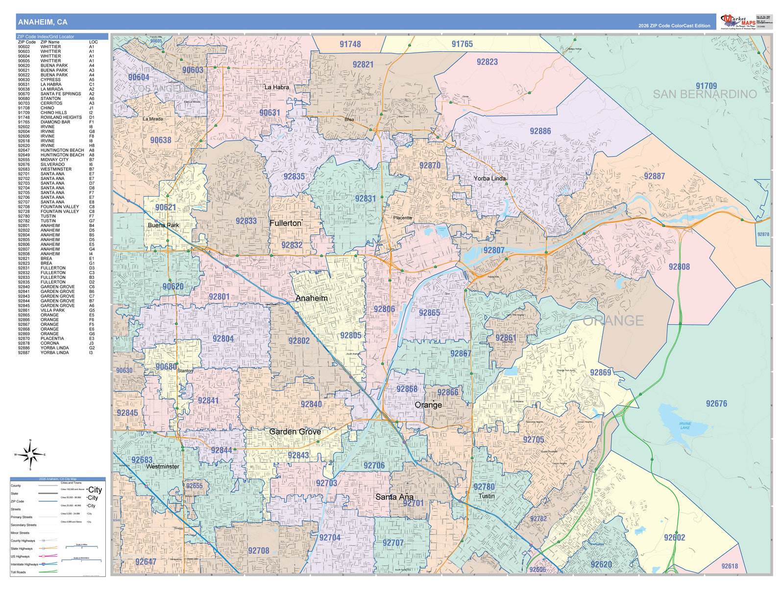 Color Cast Zip Code Style Wall Map of Anaheim CA