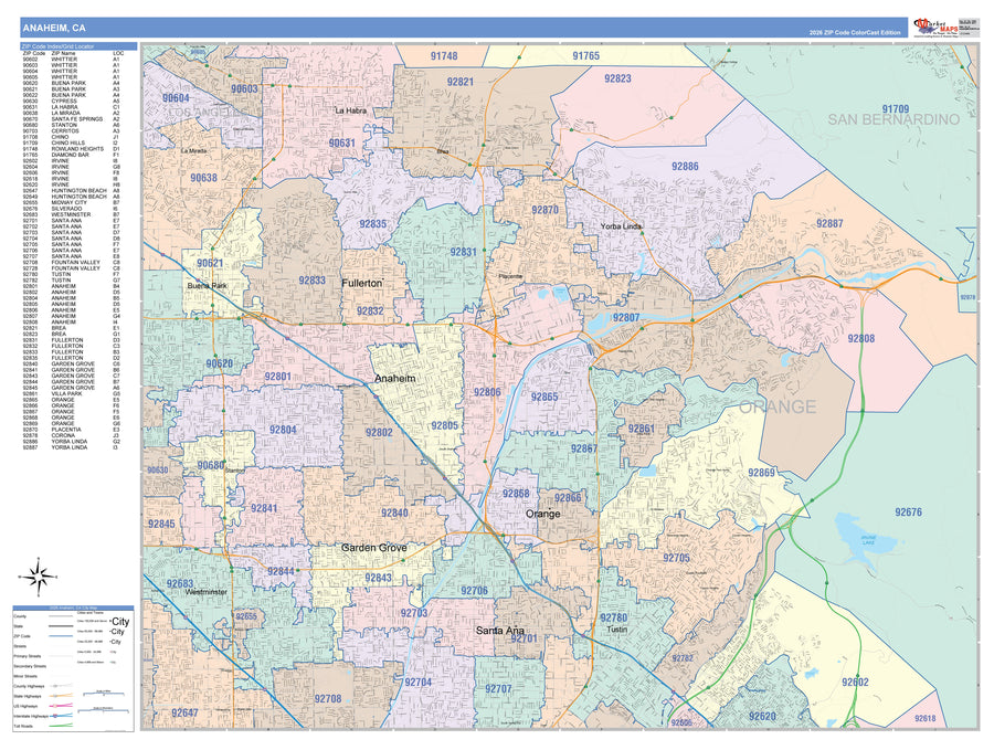 Color Cast Zip Code Style Wall Map of Anaheim, CA – American Map Store