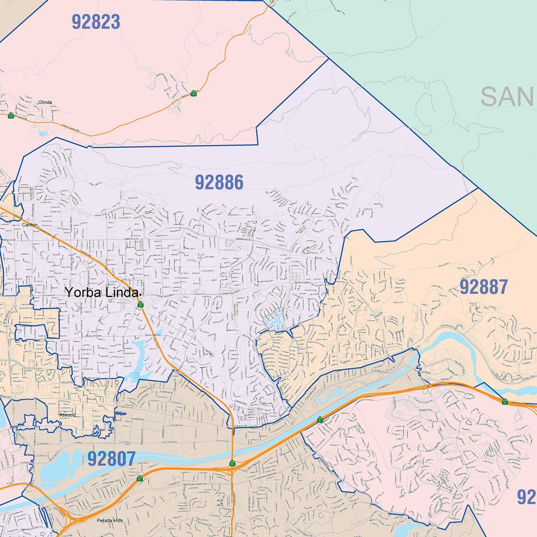Color Cast Zip Code Style Wall Map of Anaheim, CA – American Map Store