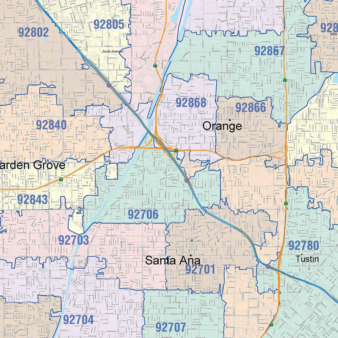 Color Cast Zip Code Style Wall Map of Anaheim, CA – American Map Store
