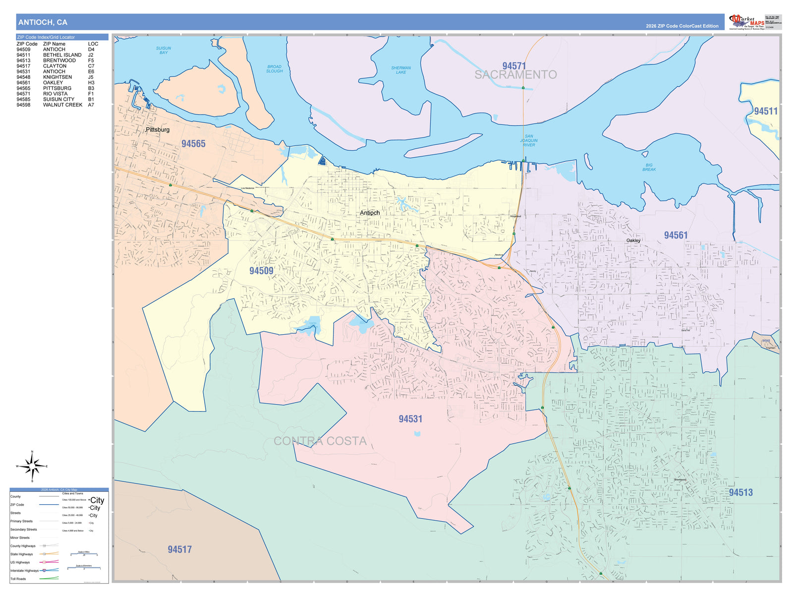 Color Cast Zip Code Style Wall Map of Antioch, CA