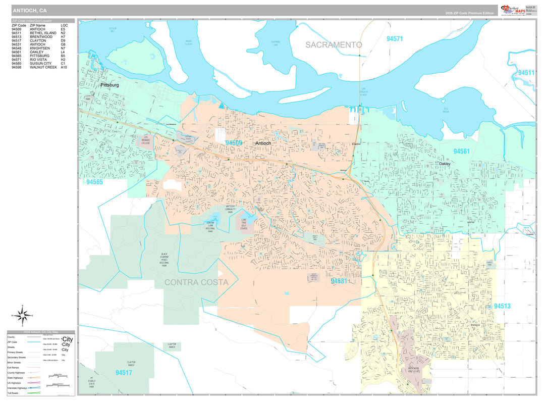 Premium Style Wall Map of Antioch, CA