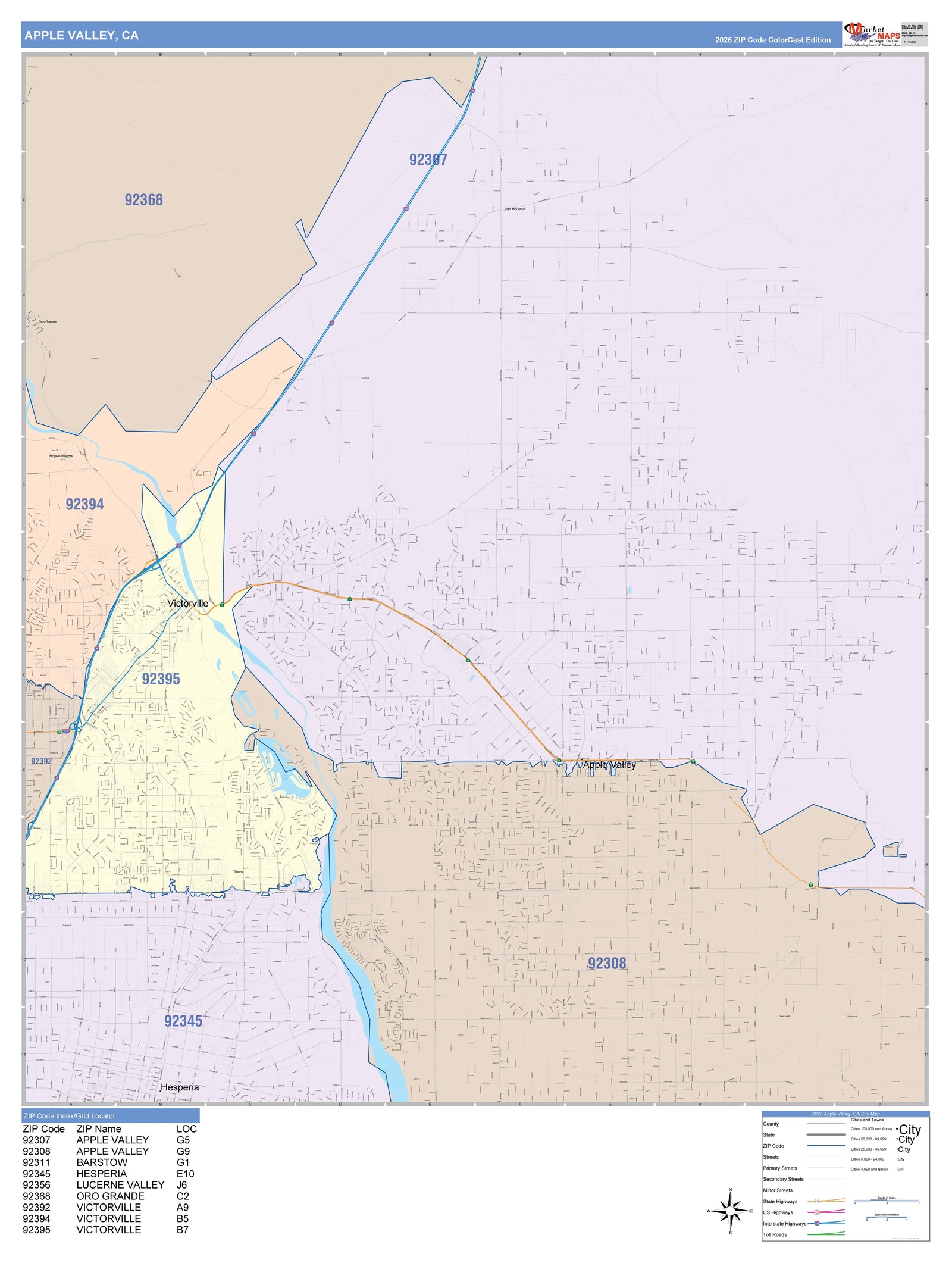 Color Cast Zip Code Style Wall Map of Apple Valley, CA