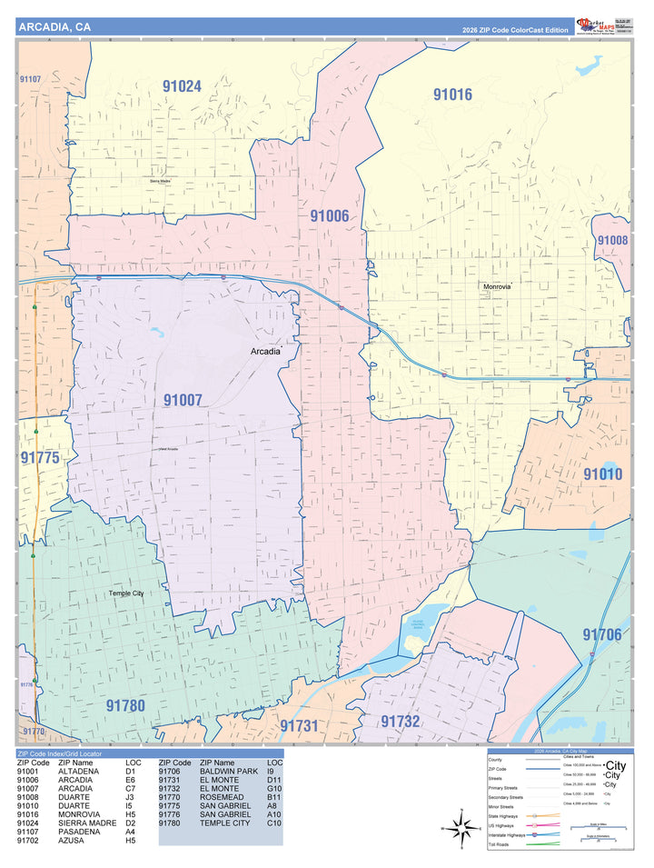 Color Cast Zip Code Style Wall Map of Arcadia, CA