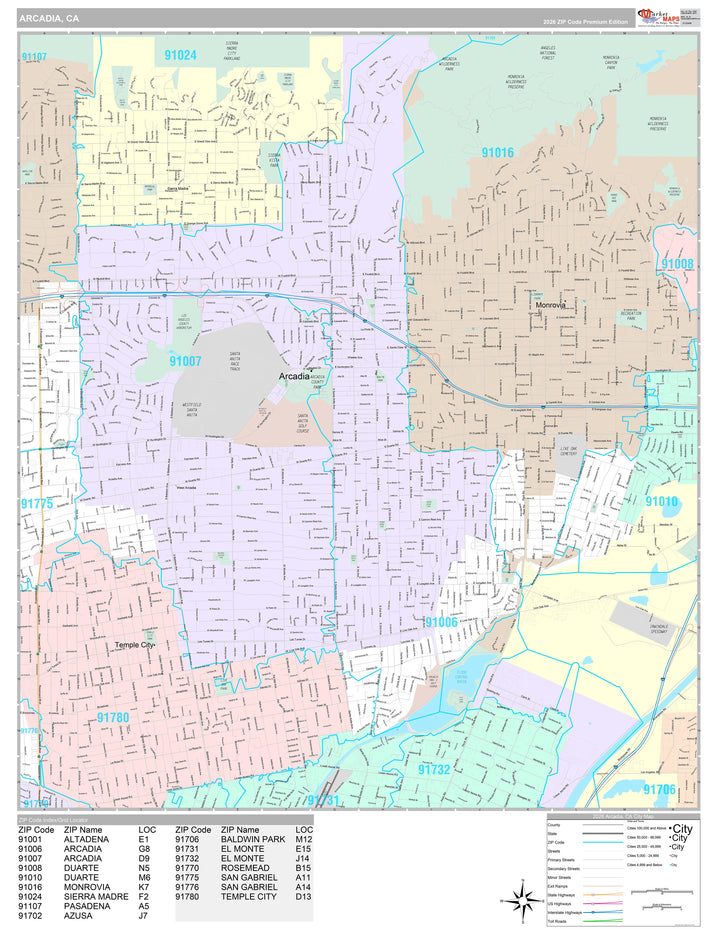 Premium Style Wall Map of Arcadia, CA