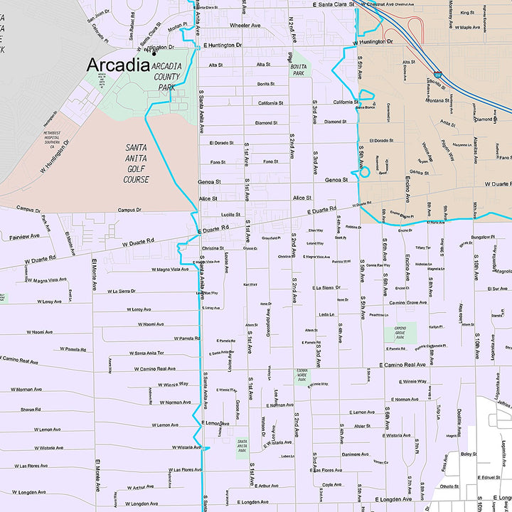 Premium Style Wall Map of Arcadia, CA