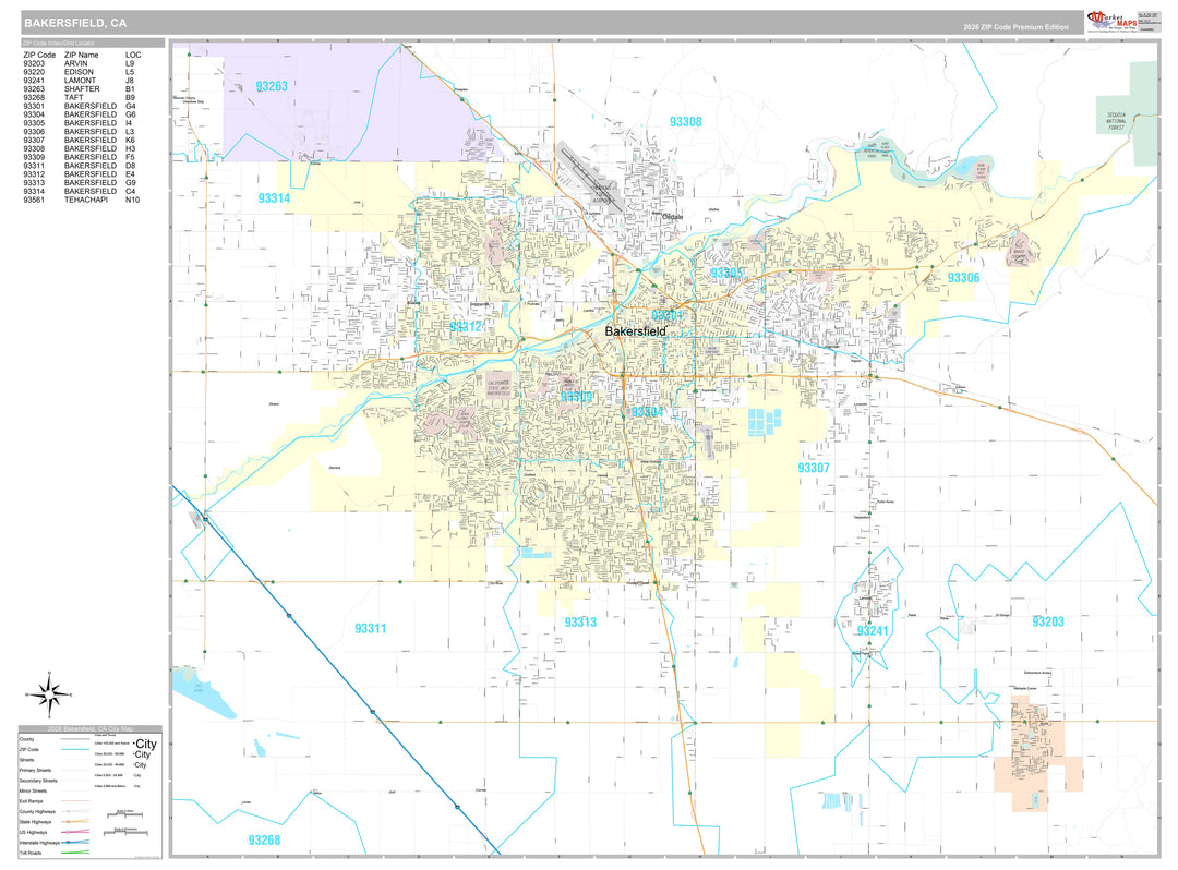 Premium Style Wall Map of Bakersfield CA.