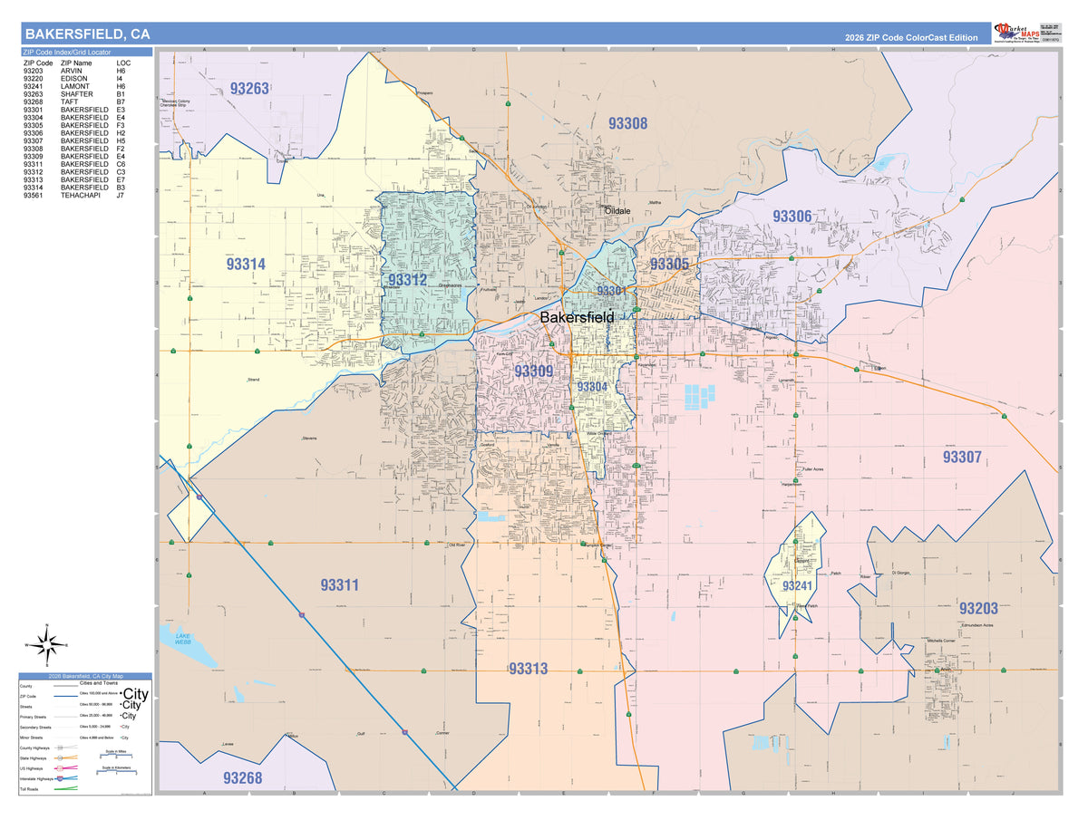 Color Cast Zip Code Style Wall Map of Bakersfield, CA – American Map Store