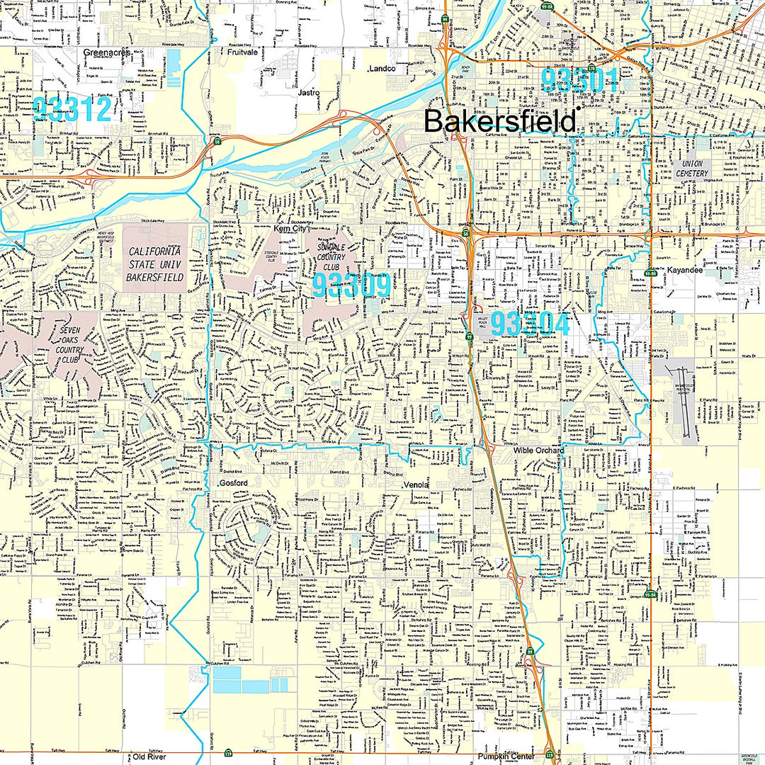 Premium Style Wall Map of Bakersfield CA.